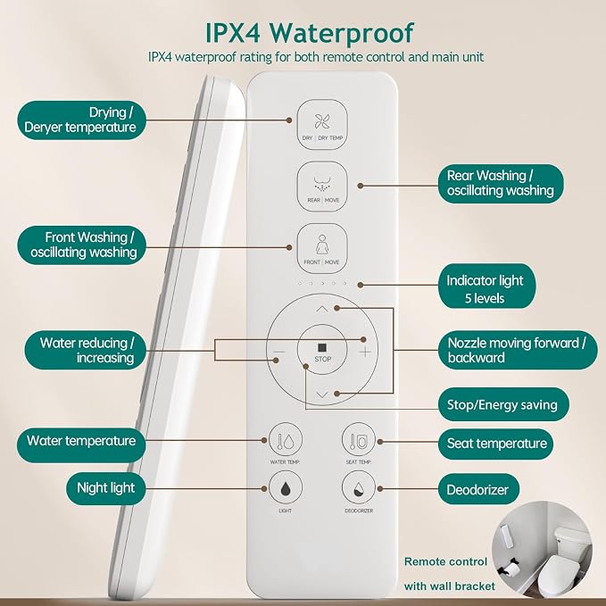 AQUATIZ Elongated Smart Toilet Bidet, Electric Toilet Seat with Self-Cleaning Nozzle, Adjustable Warm Water, Deodorizer, Air Dryer, LED Night light (Remote Control)