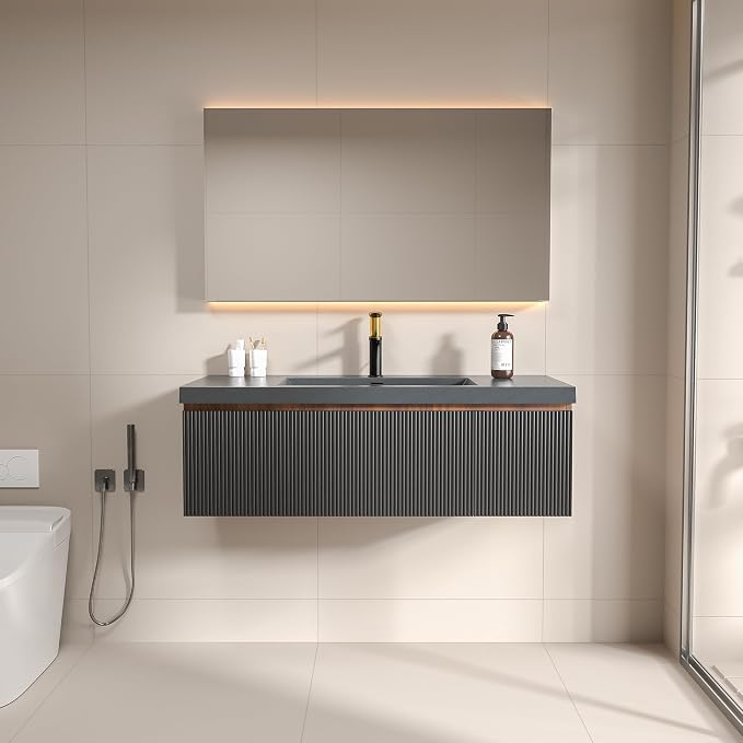 48 Inch Floating Bathroom Vanity with Sink, Modern Black Wall Mounted Floating Vanity with Scratch-Resistant Quartz Sand Basin, Soft Closing Drawers, Fully Pre Assembled Bathroom Vanity