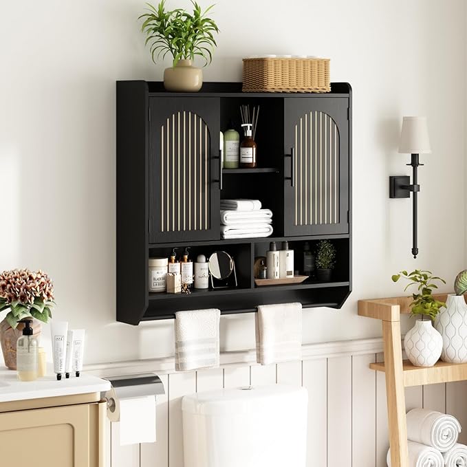 RUSTOWN Fluted Bathroom Wall Cabinet, Mid-Century Modern Medicine Cabinet with Adjustable Shelves & Towel Bar,3-Tier Wall Mounted Cabinets, Over The Toilet Storage Cabinets for Bathroom, Rustic Black