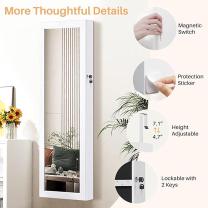 Jewelry Organizer Cabinet, Wall or Door Mounted 47.2-Inch Lockable Jewelry Armoire with Full-Length Mirror, 6 LEDs Large Capacity Jewelry Storage, White