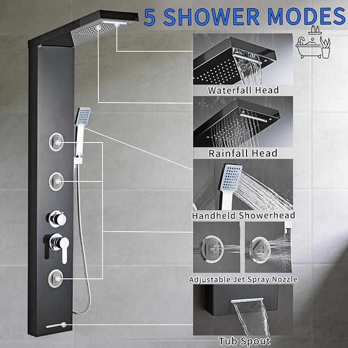 6 in1 Multi-Function Shower Panel Tower System-Brushed Black | 304 stainless steel Shower Panel Column Tower with Powerful Body Massage, Rainfall, Waterfall,Handheld and Tub Spout
