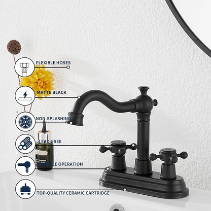 Bathroom Faucet Matte Black GGStudy 2 Handles 4 Inches Centerset Bathroom Vanity with Drain Assembly and Supply Hose Lavatory Faucet Mixer Double Handle Tap