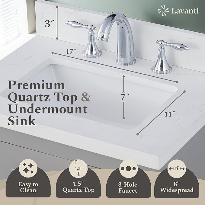 Lavanti Oakford 24 Inch Bathroom Vanity with Sink – Stylish Grey Vanity Bathroom with Storage Cabinet – Modern Bathroom Vanities with Single Vanity Sink & Quartz Countertop
