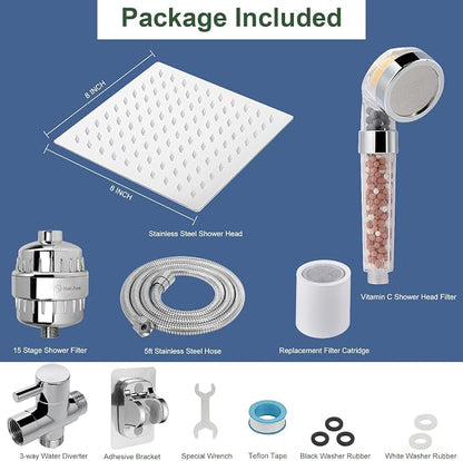 Filter Shower Head, High Pressure 8 Inch Rainfull with Filter Combo for Hard Water, Remove Chlorine Fluoride and Harmful Substances- 1 Replaceable Filter Cartridge (Square, Chrome)