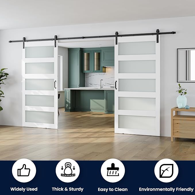 SMARTSTANDARD Double 40×84 Glass Barn Door with Sliding Hardware Kit | Pre-Drilled Ready to Assemble, Waterproof PVC Coating, 5-Panel Glass, White
