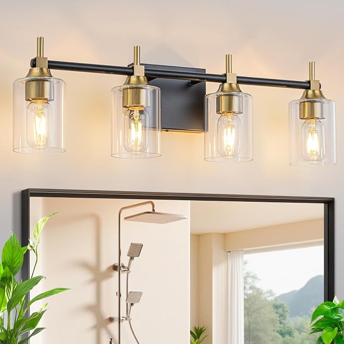 4-Light Modern Bathroom Vanity Light,Black and Gold Light Fixtures for Bathroom,Modern Wall Light Over Mirror with Glass E26 Socket (Bulbs Not Included)