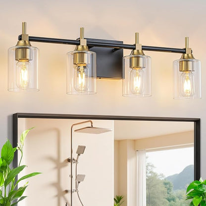4-Light Modern Bathroom Vanity Light,Black and Gold Light Fixtures for Bathroom,Modern Wall Light Over Mirror with Glass E26 Socket (Bulbs Not Included)
