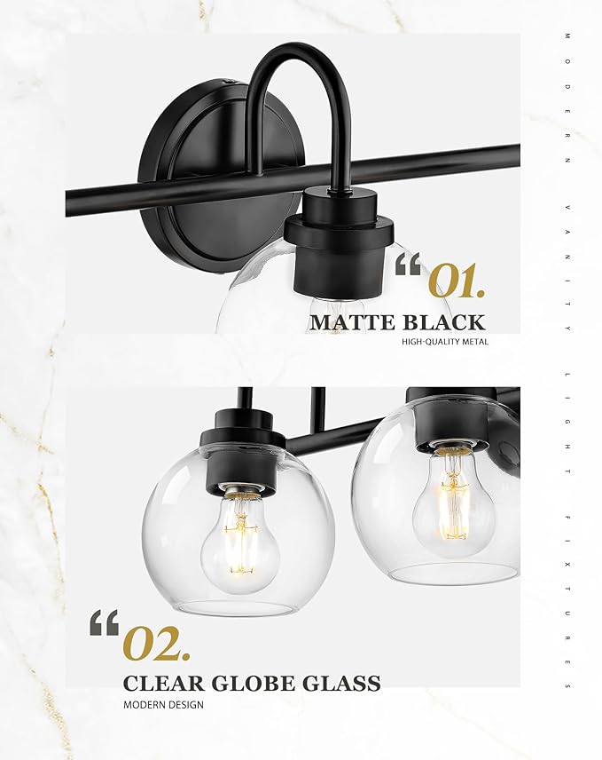 Bathroom Light Fixtures, 4-Light Matte Black Vanity Lights with Globe Clear Glass, 30 Inch Modern Vanity Lighting Fixtures Over Mirror, AD-22280-4W-BK