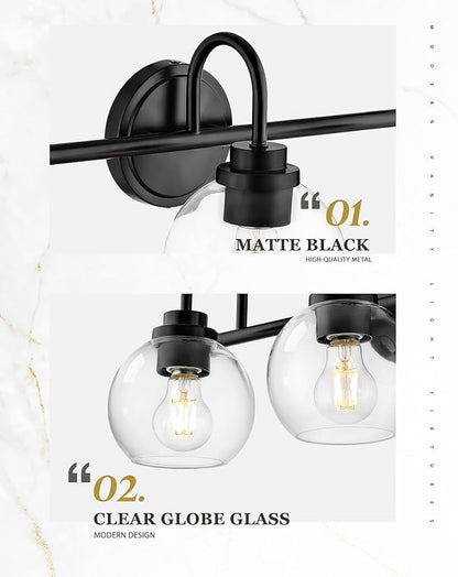 Bathroom Light Fixtures, 4-Light Matte Black Vanity Lights with Globe Clear Glass, 30 Inch Modern Vanity Lighting Fixtures Over Mirror, AD-22280-4W-BK