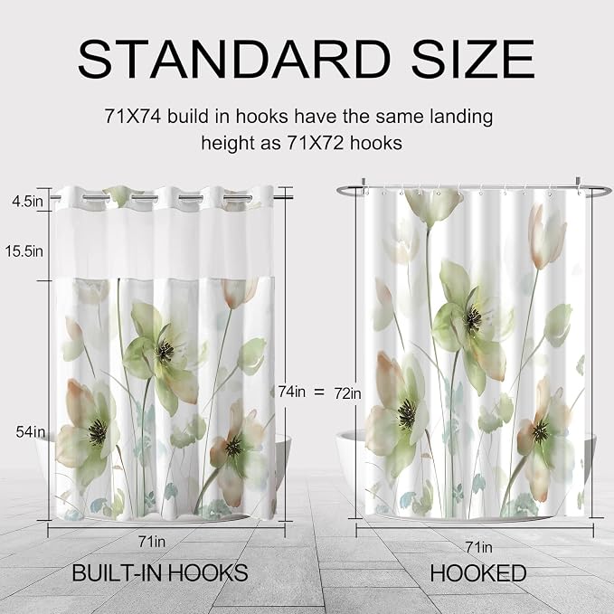 No Hook Shower Curtain and Liner Set, Light Green Floral 71x74 | Watercolor Boho Flower, with Snap in Liner, Mesh Top Window, Waterproof, Machine Washable, Quick-Drying, for Hotel Bathroom