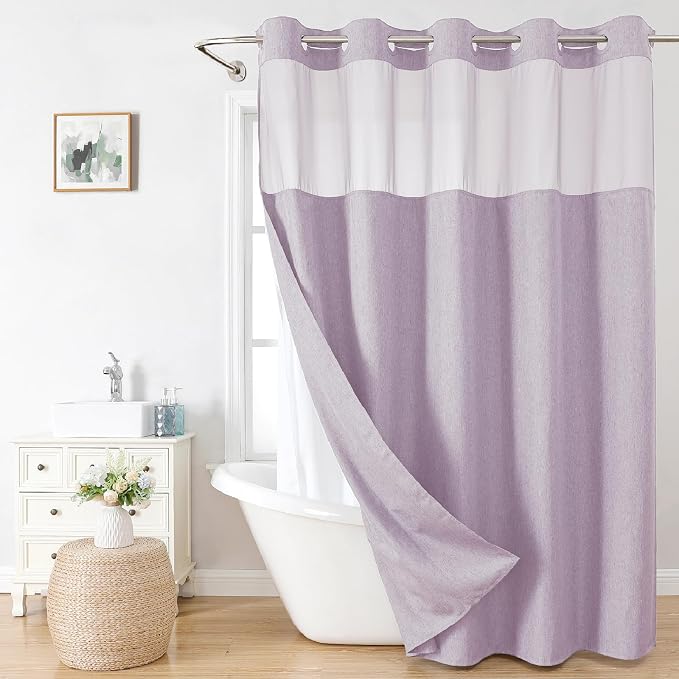 eachope No Hook Fabric Shower Curtain Set with Snap-in Liner,71x80 Lavender | Linen Texture,230GSM Thick Fabric,Hotel Luxury Decor,Mesh Window,Bottom magnetic ,Waterproof & Machine Washable,for Bathroom