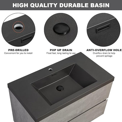 Wall Mounted 36 Inch Bathroom Vanity with Sink, Floating Vanity Bathroom, Single Sink Bathroom Vanity, 2 Drawers, Resin Integrated Sink (Dark Birch)