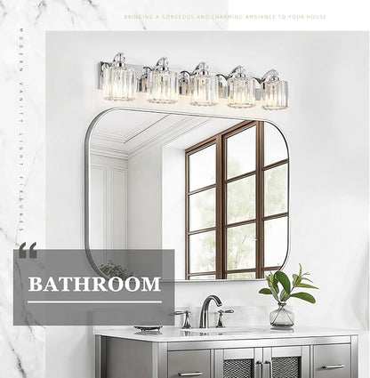 5-Light Modern Bathroom Light Fixture Chrome Vanity Lights Over Mirror Wall Sconce Lighting with K9 Crystal Shades Bathroom Wall Lamp E26 Base for Bedroom, Living Room, Hallway
