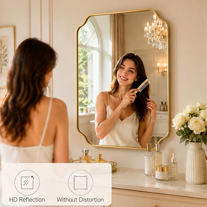 32"x24" Gold Wall Bathroom Mirror, Scalloped Edge Vanity Mirror | Hangs Vertically/Horizontally, Wooden Frame Decorative Mirror, For Vanity, Bedroom & Entryway, Aesthetic Bathroom Decor