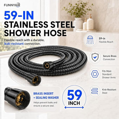 High Pressure Shower Head, Stick-on Low Mount Wall Bracket, Black | 5 Spray Modes, Water-Saving, 360° Adjustable Bracket, For Low Water Pressure Home, RV, Bathroom, Fix Firmly Kid-Friendly