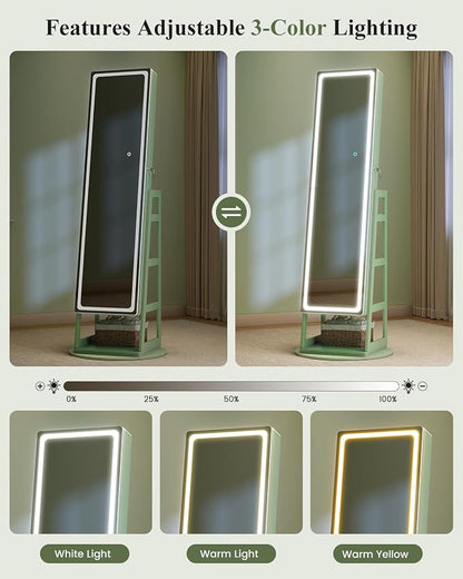LVSOMT Standing Jewelry Cabinet Mirror with Adjustable LED Light Green | 63" Lockable Jewelry Armoire Organizer with 4 Rear Shelves & Hooks, 360° Swivel, for Bedroom, Living Room, Women Girls Gift