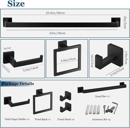 5-Pieces Wall Mount Bathroom Hardware Set,23.6in Towel Bar Set,Matte Black | Waterproof Stainless Steel Bathroom Accessories,Toilet Paper Holder with Shelf,Towel Ring,Coat Hook