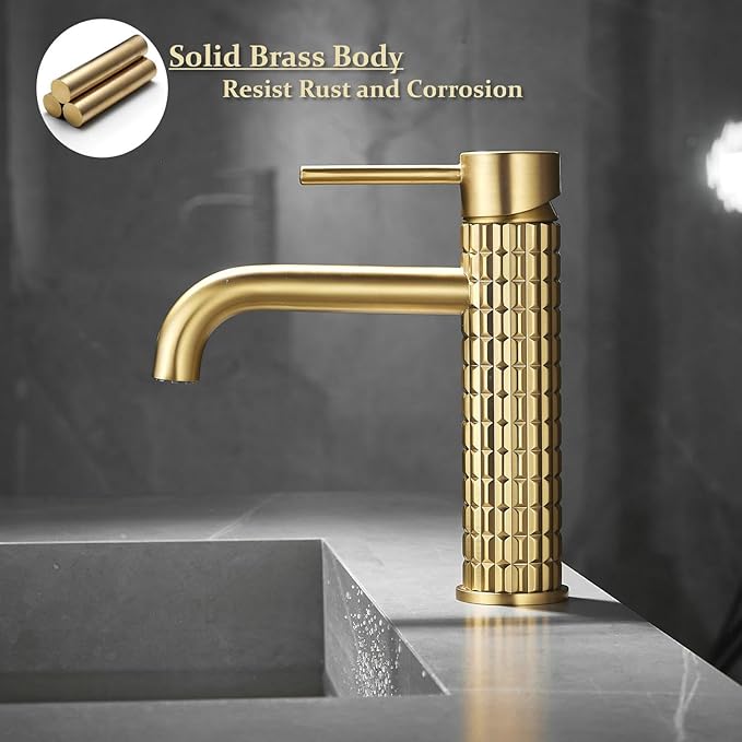 Brushed Gold Bathroom Sink Mixer Tap - Single Lever Brass Basin Faucet, One Hole Water Tap for Modern Bathroom Design, Stylish & Durable