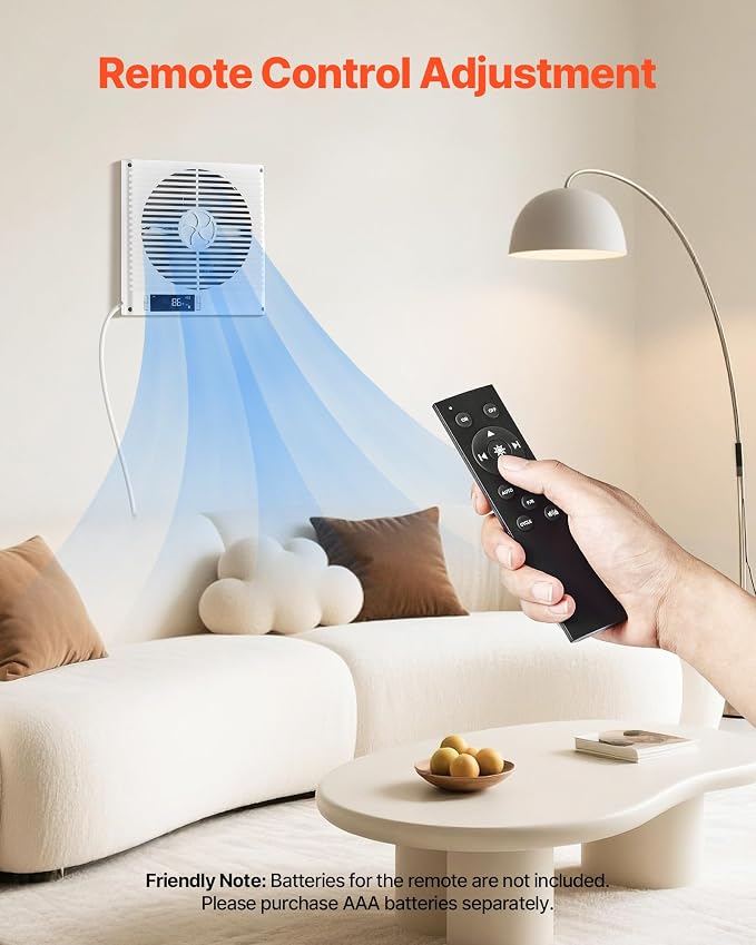 VEVOR Room to Room Fan, Two-Way Airflow Through-the-Wall Fan 8" with Remote, Temperature Control, 305 CFM 10-Speed Ventilation Quiet Vent for Bathroom, Laundry Room and Indoor