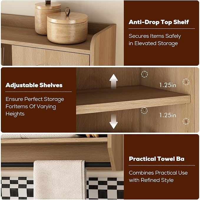RUSTOWN Fluted Bathroom Wall Cabinet, Mid-Century Modern Medicine Cabinet with Adjustable Shelves & Towel Bar,3-Tier Wall Mounted Cabinets, Over The Toilet Storage Cabinets for Bathroom, Natural Oak