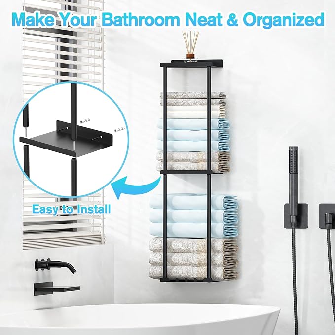 Liuoud Towel Rack for Bathroom, Wall Mounted Vertical Rolled Towel Storage Organizer Holder with Shelf, Holds Up 6 Large Bath Sheets, Black