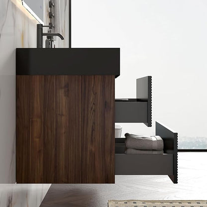 36 Inch Bathroom Vanity with Black Sink, Floating Bathroom Cabinet with 2 Soft-Closing Drawers, Large Storage for Powder Room, Apartment, Hotel, Walnut+Black, Fir Collection