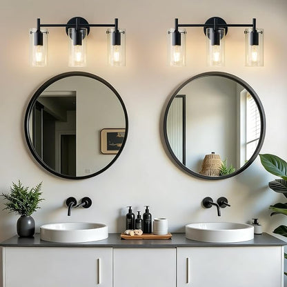 Indoi Bathroom Light Fixtures, 3-Light Matte Black Vanity Light, Black Bathroom Lights Over Mirror with Clear Glass Shade, Wall Sconces for Mirror Bedroom Living Room Hallway