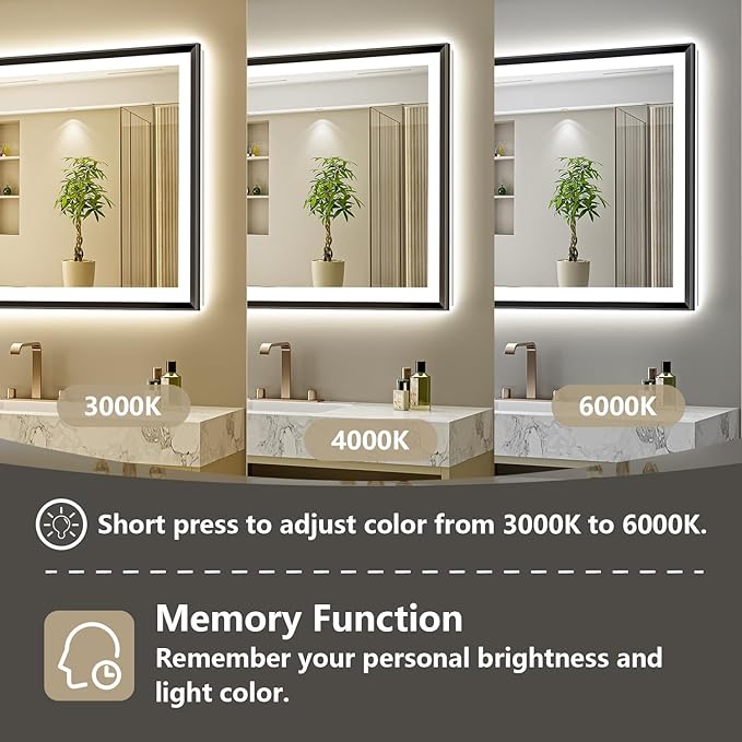 96x36 Black Framed LED Bathroom Mirror with Lights, Backlit and Front Light, Lighted Bathroom Vanity Mirror for Wall Dimmable Anti-Fog Memory Tempered Glass Horizontal/Vertical