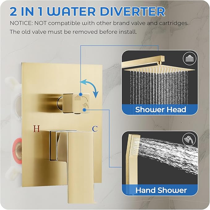Gold Shower Faucet Set, 10 inch Rain Shower System with Pressure Balance Valve, Wall Mounted 2-Functions Bathroom Shower Systems with Rain Shower and Handheld Spray Shower Trim Included