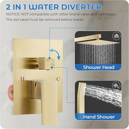Gold Shower Faucet Set, 10 inch Rain Shower System with Pressure Balance Valve, Wall Mounted 2-Functions Bathroom Shower Systems with Rain Shower and Handheld Spray Shower Trim Included