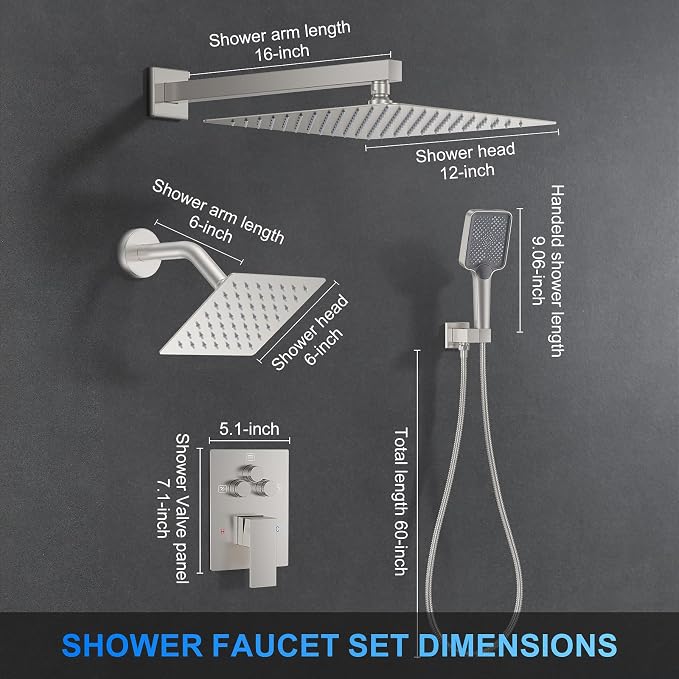Woindo Shower Faucet Set, 12" Wall Mount Rainfall Shower System with 2 Rain Shower Head and Multi-function Handheld Head Push Button Diverter Shower Faucet Trim Kit