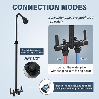 Outdoor Shower Kit with Matte Black Stainless Steel Rain Shower Head and Double-handle Straight-blade Handwheel,3 Inch Center Brass Outdoor Shower Fixtures