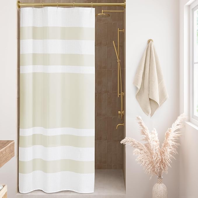 Madison Park Spa Waffle Weave Stall Shower Curtain, 36 x 72, Cream | Striped, Pieced Fabric Design, 3M Scotchgard Moisture Management, Hotel Quality, Modern, for Bathroom, OEKO-TEX Certified