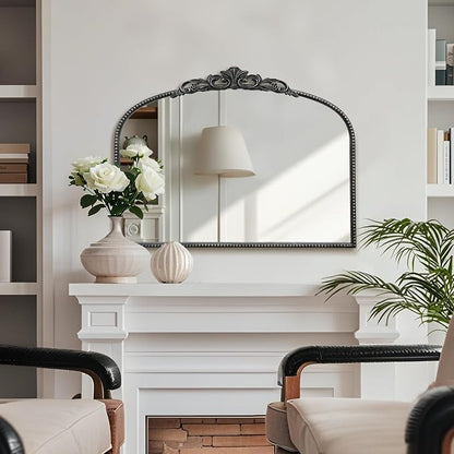 Micasso Vintage Black Arched Mirror: 32"x24" Baroque Antique Vanity Mirror | Traditional Ornate French Decorative Wall Mirror for Bedroom/Bathroom/Entryway/Hallway/Dresser/Mantel/Nightstand/Over Sink