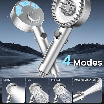 Filtered Shower Head with Handheld, High Pressure Showerhead with Filters | 4 Spray, ON/OFF Button for Pets, Detachable Shower Heads with Water Softener Filter Beads for Hard Water- Remove Chlorine