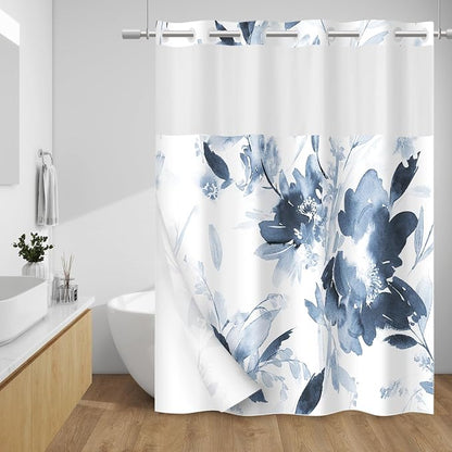 No Hook Floral Shower Curtain with Liner, Aqua Blue, 71x74 | Snap in Liner, 3 in 1, Water Repellent, Easy Install, Machine Washable, Hotel Style for Bathroom, Watercolor Pattern