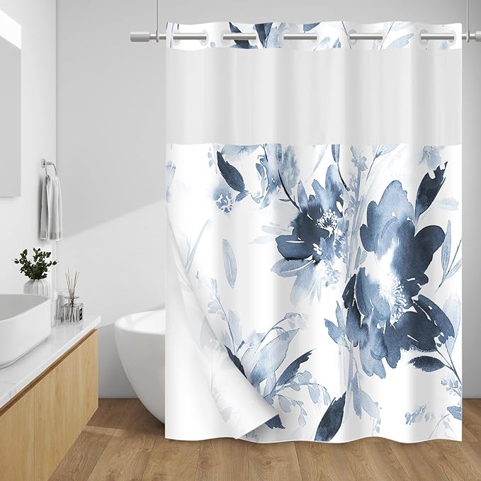 No Hook Floral Shower Curtain with Liner, Aqua Blue, 71x86 | Snap in Liner, 3 in 1, Water Repellent, Easy Install, Machine Washable, Hotel Style for Bathroom, Watercolor Pattern