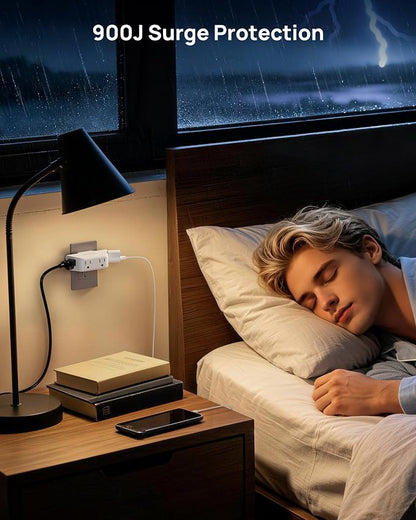 TROND 360 Rotating Plug Outlet Extender 2 Pack, Surge Protector Outlet with 4 Grounded Sockets, 3 Way Angled Plug Expander, 900J, Multiple Wall Adapter for Bathroom Kitchen Bedroom, White