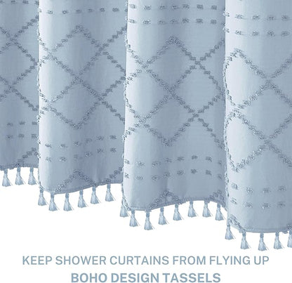 Siiluminisoy Extra Long Fog Blue Boho Shower Curtain - Woven Fabric, 72 x 84 Tufted Chevron Textured Striped Modern Farmhouse Minimalist Cloth Shower Curtain for Bathroom