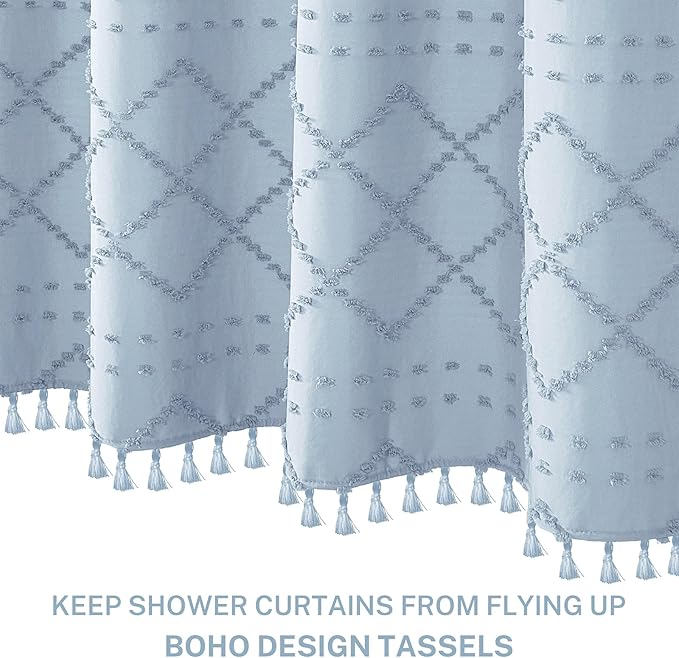 Extra Long Fog Blue Boho Shower Curtain - Woven Fabric, 72 x 84 Tufted Chevron Textured Striped Modern Farmhouse Minimalist Cloth Shower Curtain for Bathroom