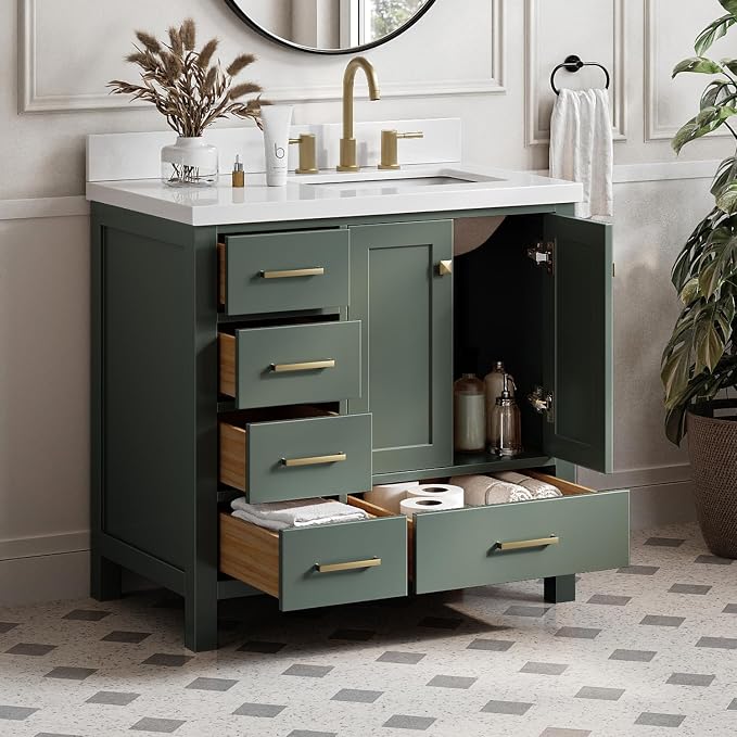 ARIEL Cambridge 36-inch Bathroom Vanity with Sink,Solid Wood, 1.5-inch Pure White Quartz Countertop, Single Rectangular Porcelain Sink, 2 Soft Closing Doors, 5 Dovetail Drawers, Vintage Green