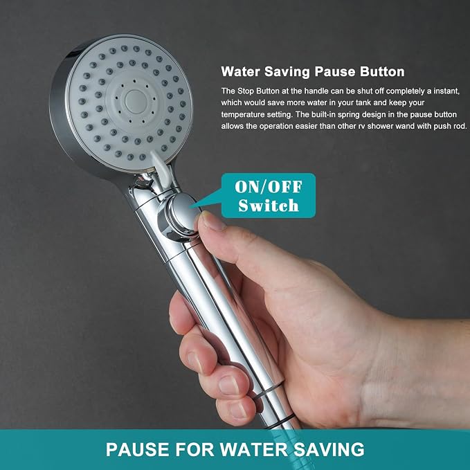 GwernKB Handheld Shower Head with Hose and On Off Switch,Water Saving | 3 Mode High Pressure Spray,for RV Camper,Bathroom,No Drilling Wall Mount Adhesive Shower Holder,Hose Guide Ring,Silver