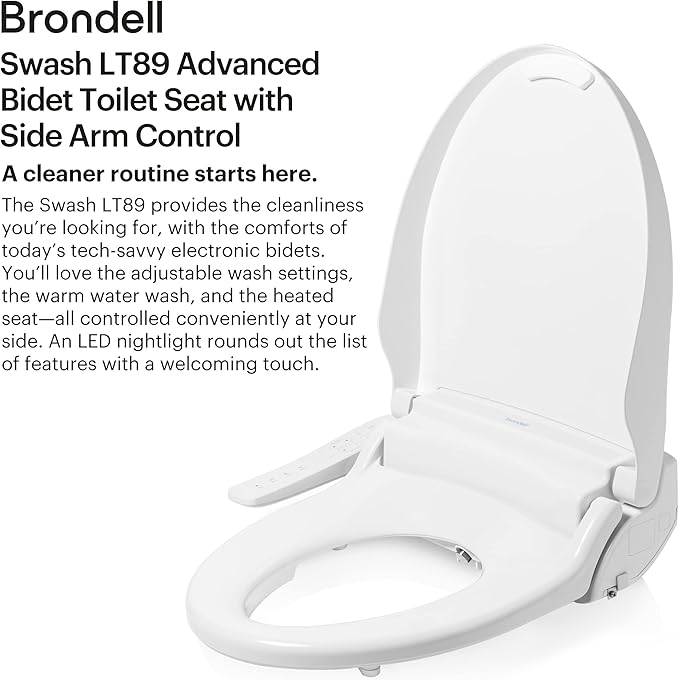 Brondell LT89 Electric Bidet Toilet Seat, Fits Round Toilets, White – Side Arm Control, Warm Water Wash, Strong Wash Mode, Stainless-Steel Nozzle, Nightlight and Easy Installation