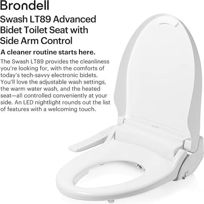 Brondell LT89 Electric Bidet Toilet Seat, Fits Round Toilets, White – Side Arm Control, Warm Water Wash, Strong Wash Mode, Stainless-Steel Nozzle, Nightlight and Easy Installation