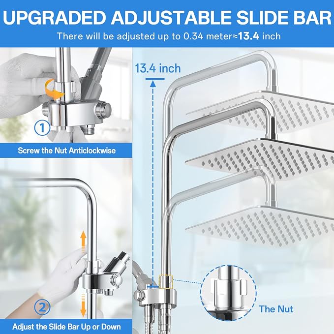High Pressure Rain Shower Head Combo: Upgrade Dual Shower Head,10" Fixed Rainfall Showerhead,7 Spray Handheld Shower Heads,Adjustable Bar(Up to 13.4"),71" Hose,Tall People Friendly,Chrome