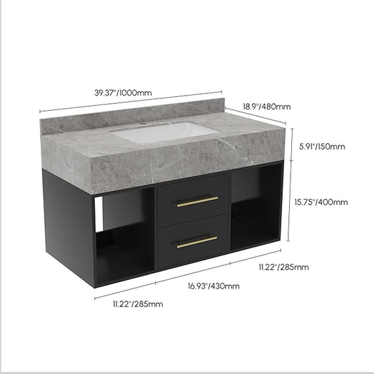 homary 39.4" Floating Bathroom Vanity with Sink, Modern Wall-Mounted Vanity Bathroom Cabinet with Sintered Stone Countertop, Undermount Sink & Black, 2 Open Storage Shelves