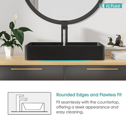 Vessel Sink Rectangle- 24"x14" Modern Rectangular Top Counter Bathroom Sink Matte Black Porcelain Ceramic Lavatory Sink Bowl Art Basin