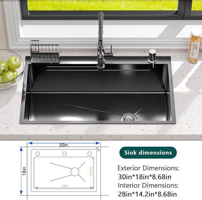 Black Drop-In Kitchen Sink:30in Stainless Single Bowl Sink &Accessories | Spacious 30-Inch Workstation Sink with 7-in-1 Accessory Set, Designed for Large Families