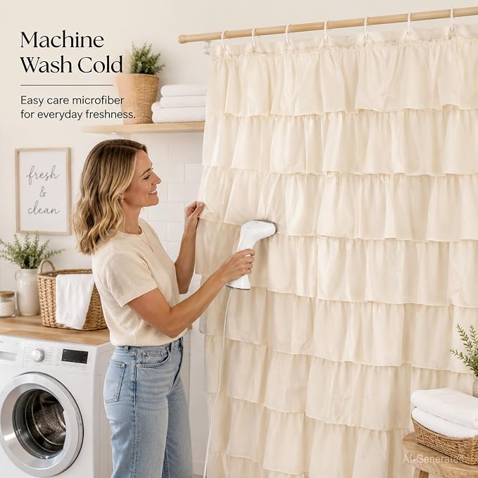 Beige Ruffle Shower Curtain for Bathroom, 72x84 inch, Elegant Ruffled Panel | Ruched Fabric Texture, Cascading Waterfall Ruffles, Extra-Long 72 X 84, 12 Hooks Included, Machine Washable, Opaque Rustic