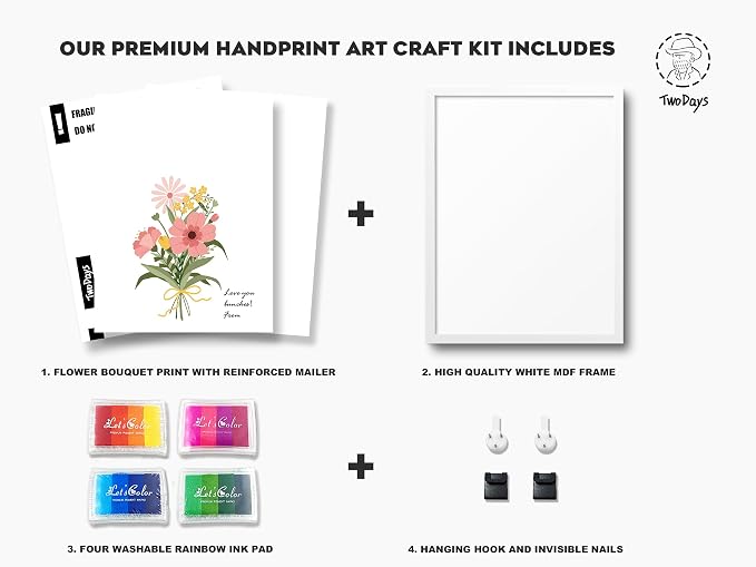 TwoDays Flower Bouquet Handprint Art Craft DIY Kit, Unique Gifts for Mom from Daughter or Son for Mother's Day Birthday Christmas, Gift for Grandma. (Floral-1, White)